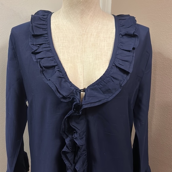 ELIZABETH Hurley Cotton Beach Navy Beach Cover Ruffle Neck and Sleeve size M - Picture 3 of 11